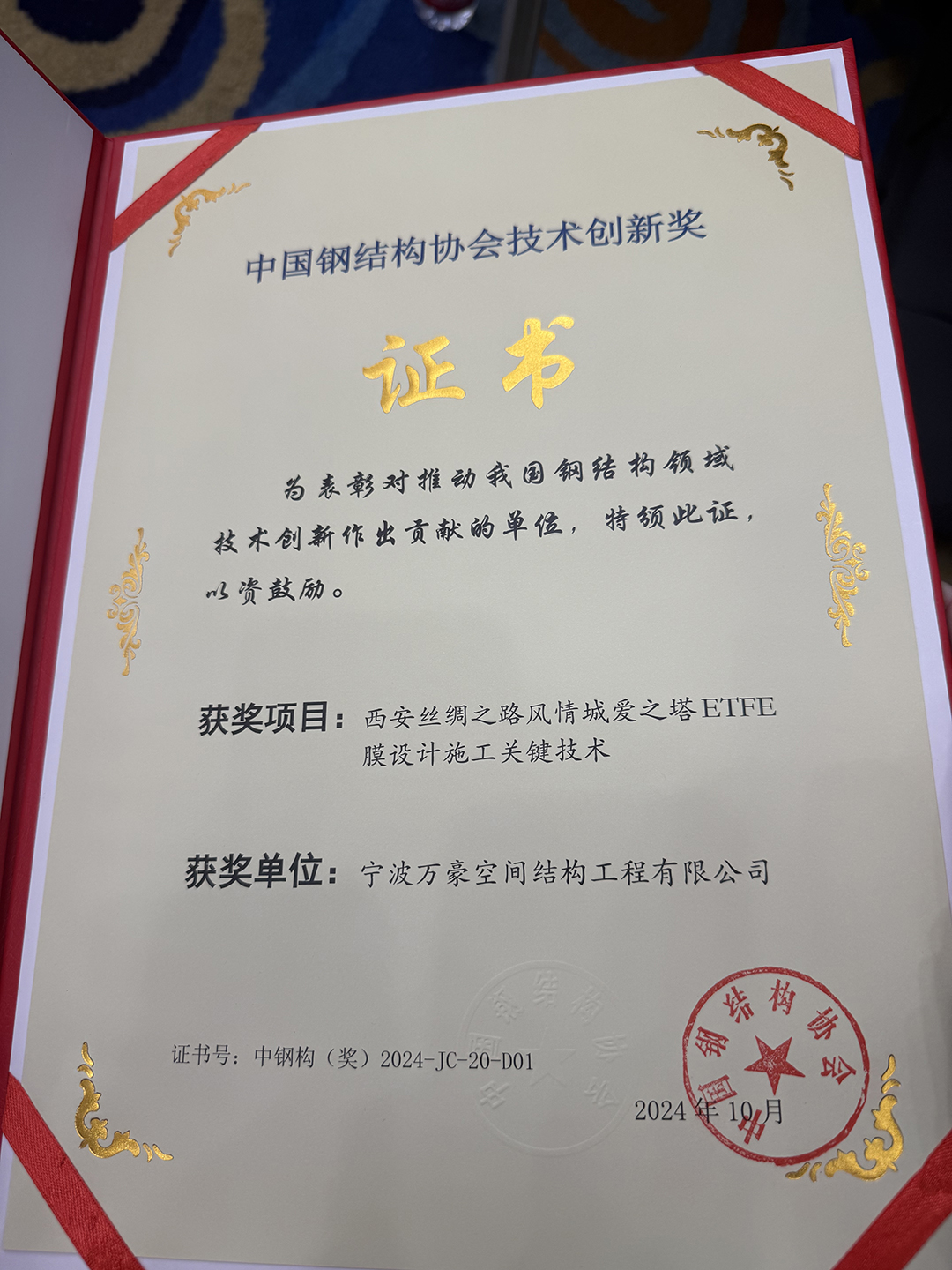 喜報！恭喜萬豪空間結構榮獲中國鋼結構協(xié)會2024年度技術創(chuàng)新獎